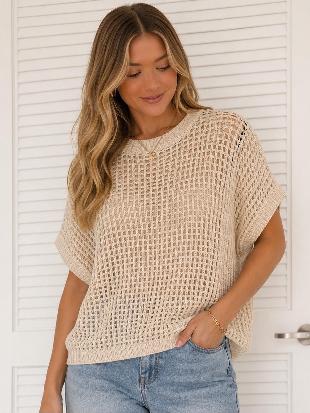 Dokotoo Beige Open Knit Oversized Sweater Size Small Boho Lightweight